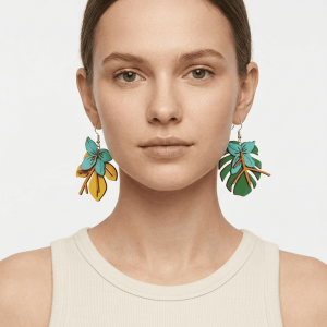 pendientes de hojas tropicales en piel de curtición vegetal