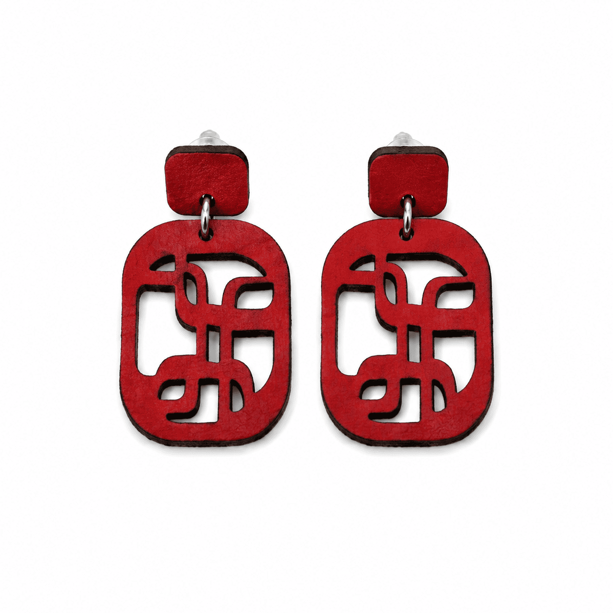 Pendientes geométricos rojos de cuero artesanal de curtición vegetal colección Geo